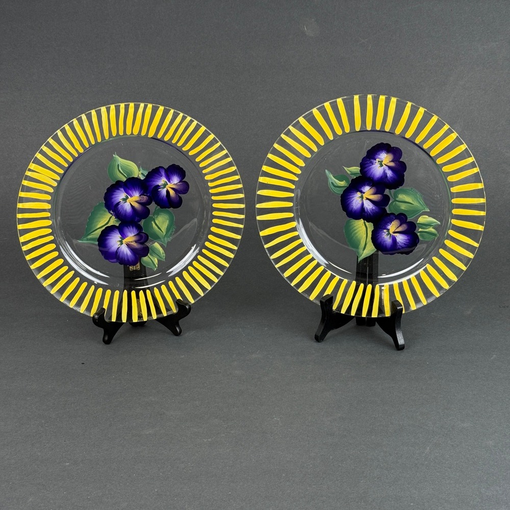 Keller Hand Painted Glass Plates 10.5" Purple Pansies Striped Rim Set of 2